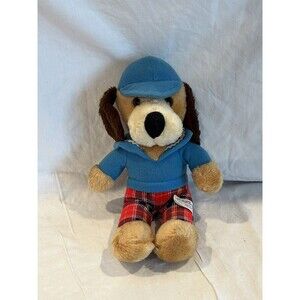 VTG Elka Toys Plush Dog Stuffed Toy Golf Outfit Blue Shirt Hat Plaid Pants